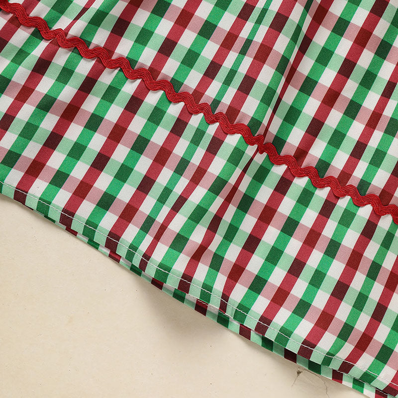 Toddler Infant Baby Girls Christmas Dress Short Sleeve Christmas Tree Embroidered Plaid Casual Party Dresses